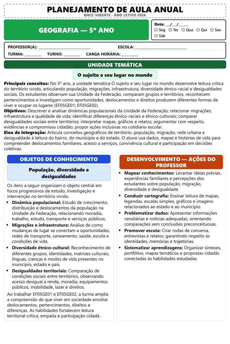 Planos e Atividades de Geografia 1º-5º ano — página interna