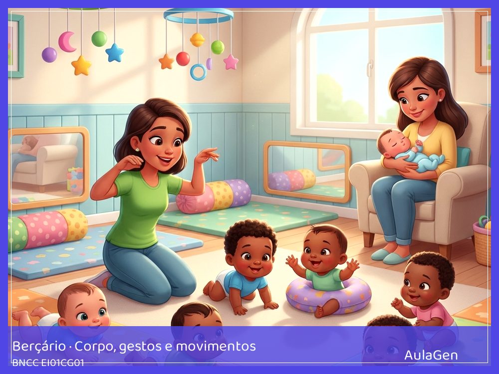 Plano de aula de Corpo, gestos e movimentos para Berçário — Caretas suaves no espelho (BNCC EI01CG01) | AulaGen
