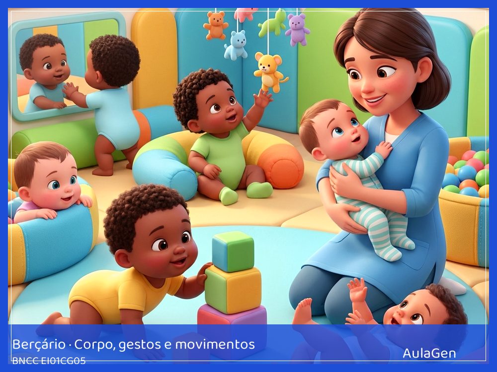 Plano de aula de Corpo, gestos e movimentos para Berçário — Pega, põe e solta (BNCC EI01CG05) | AulaGen