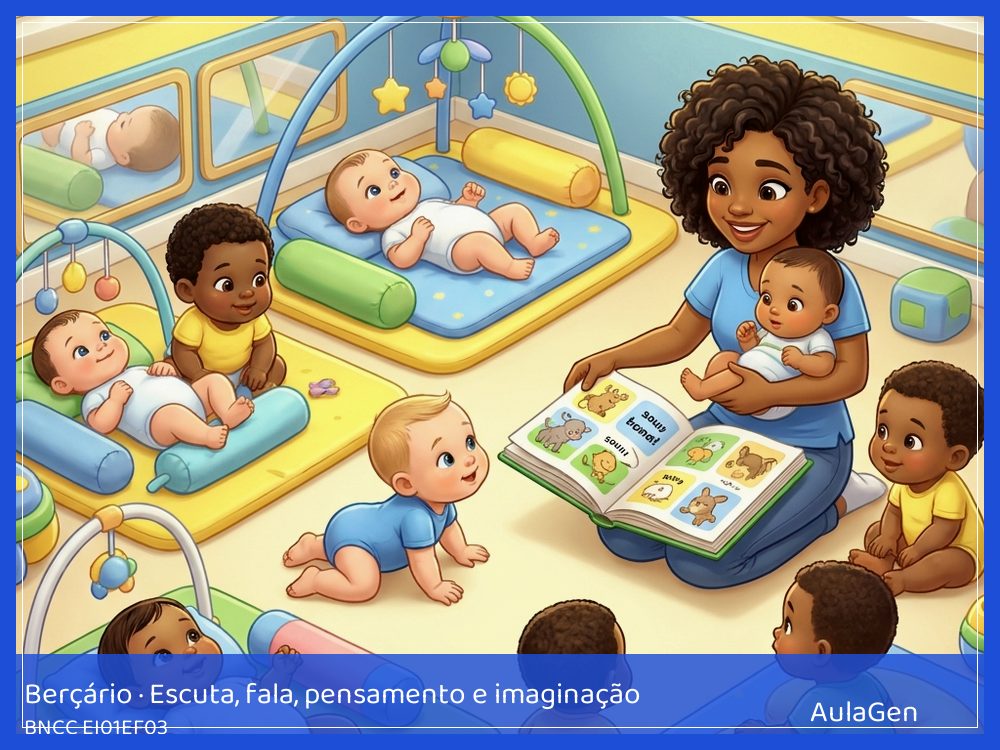 Plano de aula de Escuta, fala, pensamento e imaginação para Berçário — Bolhas de ba, ma, pa (BNCC EI01EF03) | AulaGen