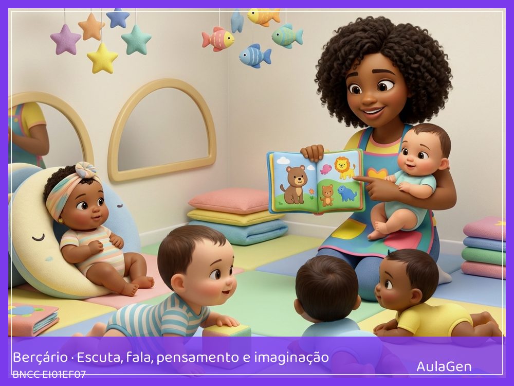 Plano de aula de Escuta, fala, pensamento e imaginação para Berçário — Livro de pano no colo (BNCC EI01EF07) | AulaGen