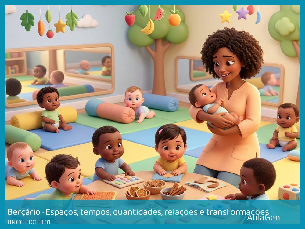 Plano de aula de Espaços, tempos, quantidades, relações e transformações para Berçário — Cestinha de texturas macias (BNCC EI01ET01) | AulaGen