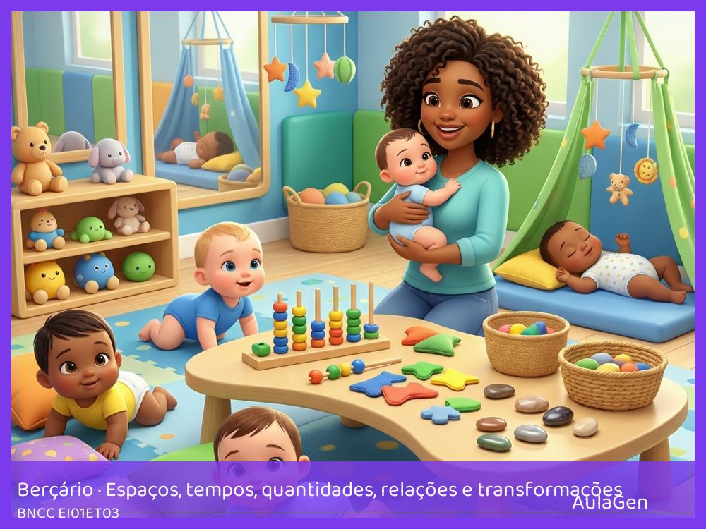 Plano de aula de Espaços, tempos, quantidades, relações e transformações para Berçário — Descobertas nos cantos (BNCC EI01ET03) | AulaGen