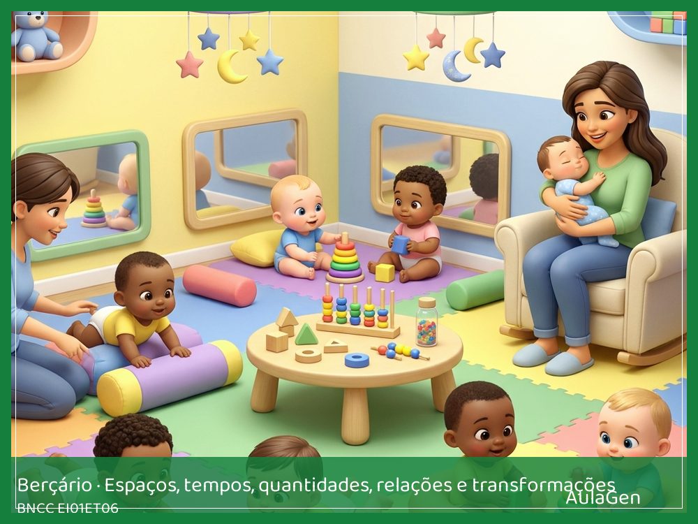 Plano de aula de Espaços, tempos, quantidades, relações e transformações para Berçário — Hora de chegar (BNCC EI01ET06) | AulaGen