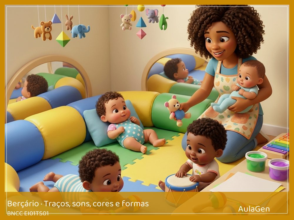 Plano de aula de Traços, sons, cores e formas para Berçário — Chuva de sons e tecidos (BNCC EI01TS01) | AulaGen