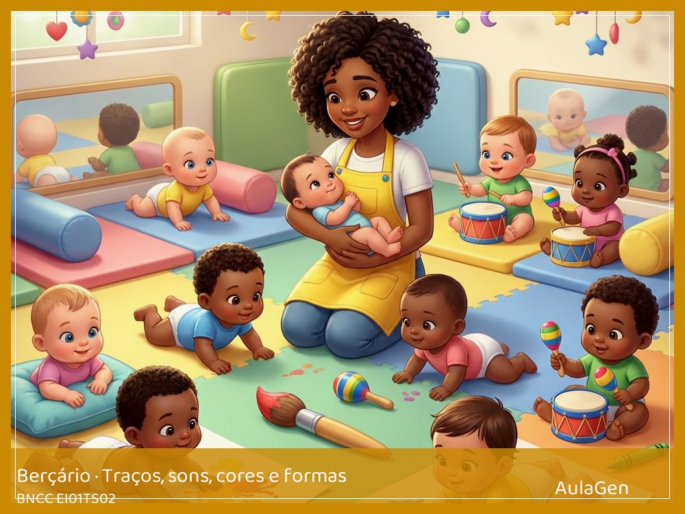Plano de aula de Traços, sons, cores e formas para Berçário — Rabiscos grandes na parede baixa (BNCC EI01TS02) | AulaGen