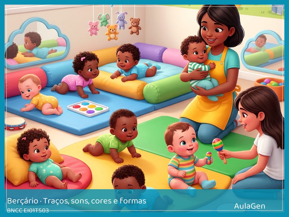 Plano de aula de Traços, sons, cores e formas para Berçário — Sons do jardim seguro (BNCC EI01TS03) | AulaGen