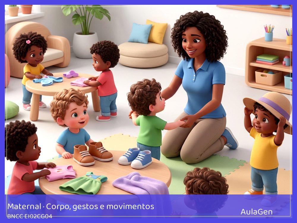 Plano de aula de Corpo, gestos e movimentos para Maternal — Bonecos se vestem comigo (BNCC EI02CG04) | AulaGen