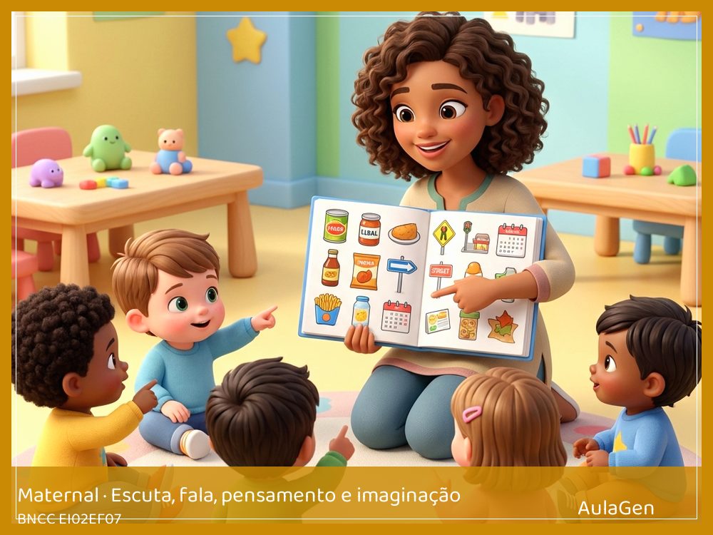 Plano de aula de Escuta, fala, pensamento e imaginação para Maternal — Letrinhas que ajudam a sala (BNCC EI02EF07) | AulaGen