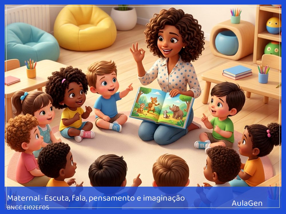 Plano de aula de Escuta, fala, pensamento e imaginação para Maternal — O que fizemos hoje (BNCC EI02EF05) | AulaGen