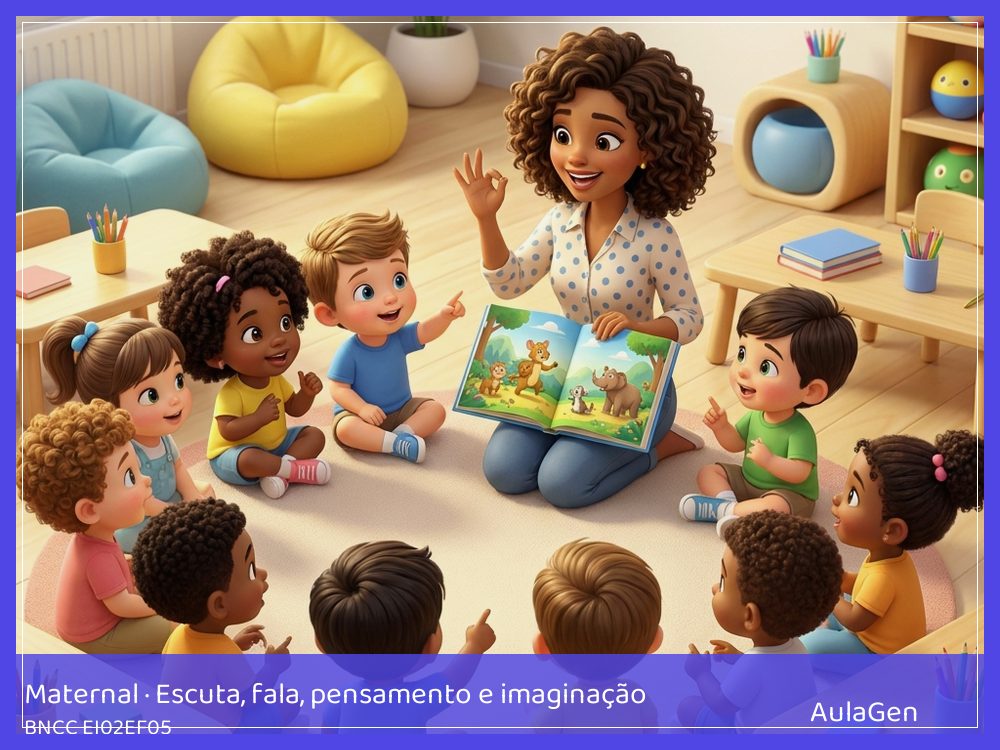 Plano de aula de Escuta, fala, pensamento e imaginação para Maternal — O que vimos no pátio (BNCC EI02EF05) | AulaGen