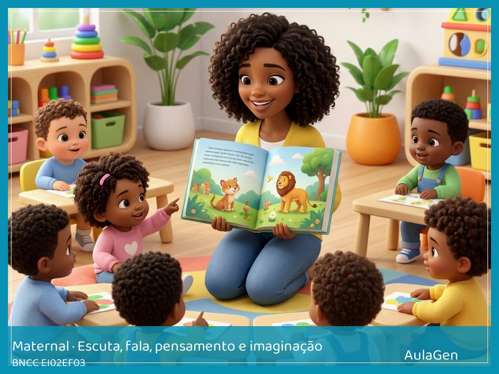 Plano de aula de Escuta, fala, pensamento e imaginação para Maternal — Olha quem apareceu no livro (BNCC EI02EF03) | AulaGen