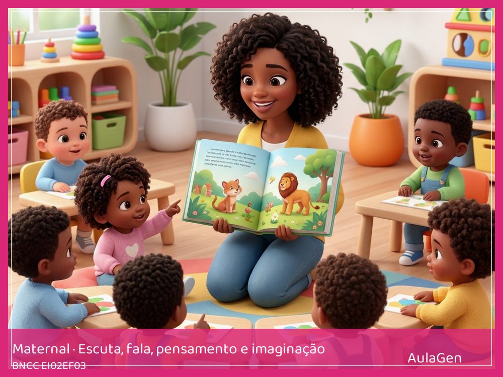 Plano de aula de Escuta, fala, pensamento e imaginação para Maternal — Onde está na história? (BNCC EI02EF03) | AulaGen