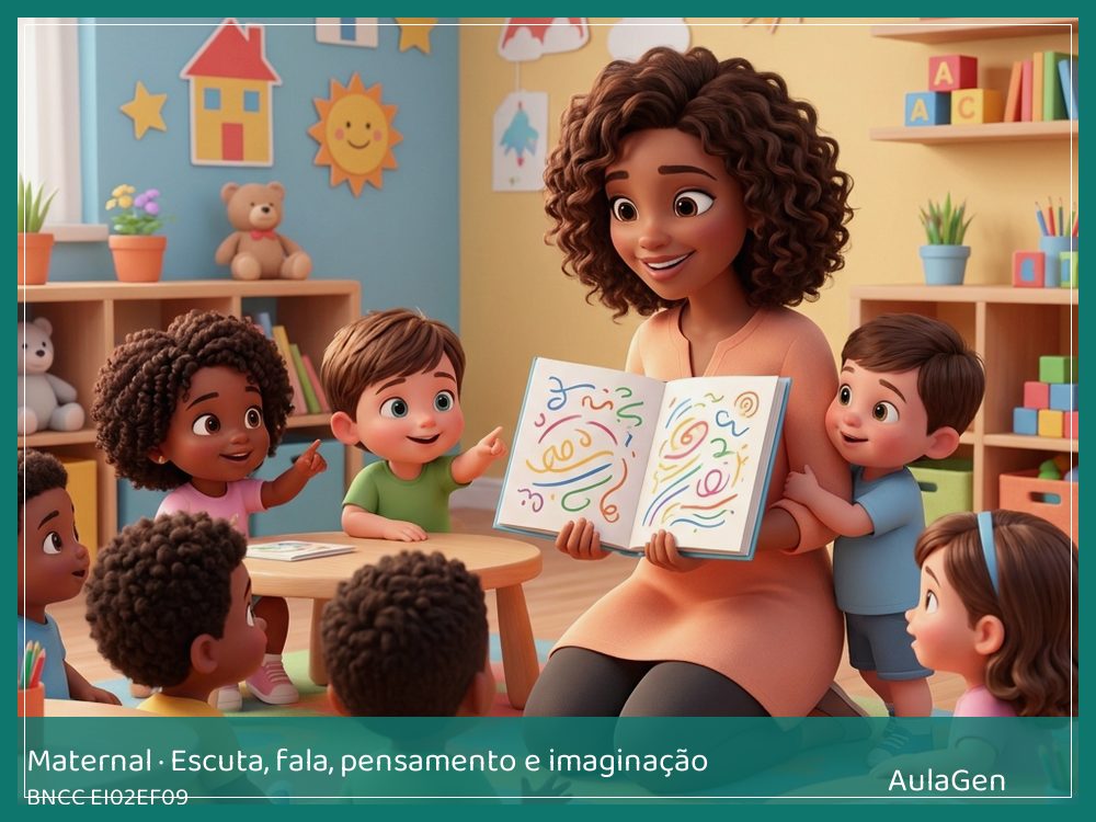 Plano de aula de Escuta, fala, pensamento e imaginação para Maternal — Rabiscos para a lista do faz de conta (BNCC EI02EF09) | AulaGen