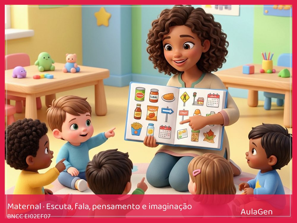 Plano de aula de Escuta, fala, pensamento e imaginação para Maternal — Rótulos no mercadinho da sala (BNCC EI02EF07) | AulaGen
