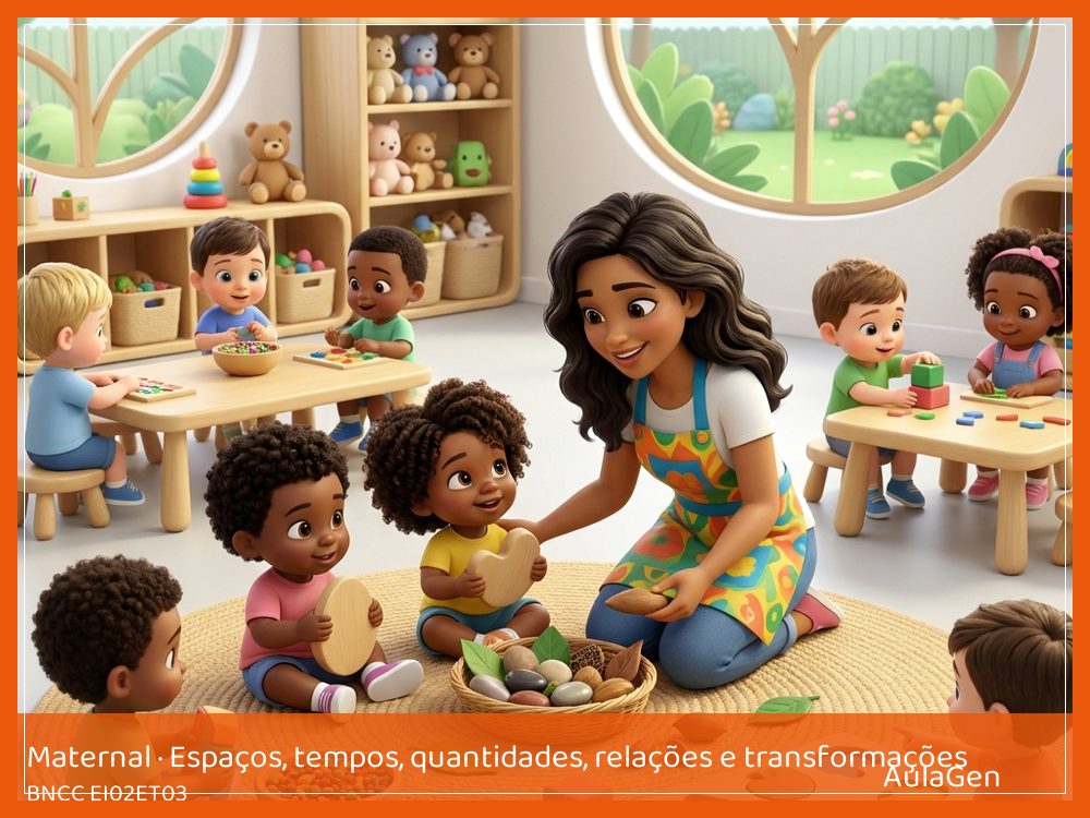 Plano de aula de Espaços, tempos, quantidades, relações e transformações para Maternal — Pequenos achados da escola (BNCC EI02ET03) | AulaGen