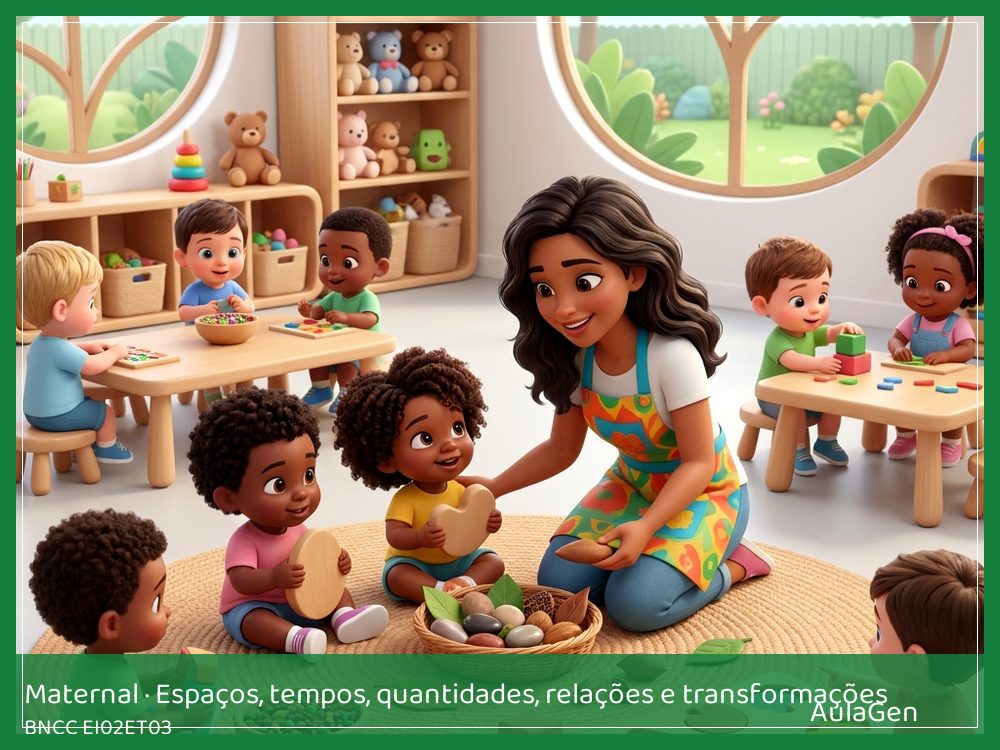 Plano de aula de Espaços, tempos, quantidades, relações e transformações para Maternal — Tesouros do jardim (BNCC EI02ET03) | AulaGen