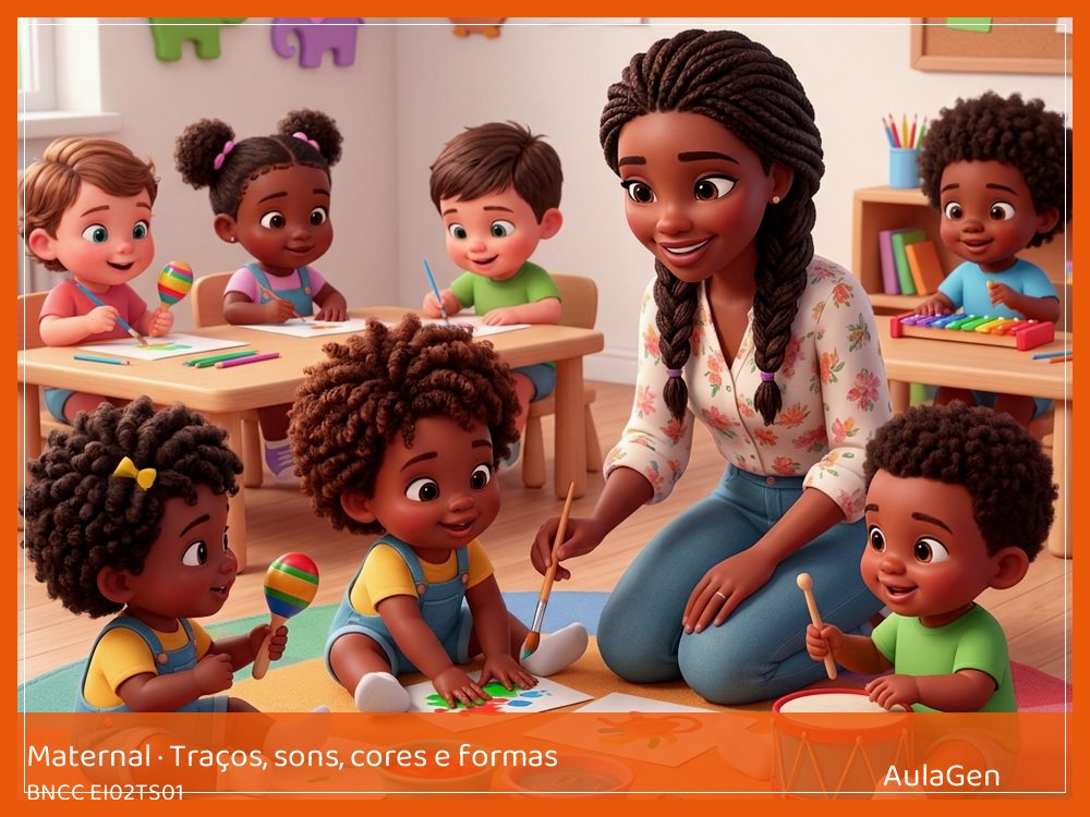 Plano de aula de Traços, sons, cores e formas para Maternal — Orquestra de chocalhos e potes (BNCC EI02TS01) | AulaGen