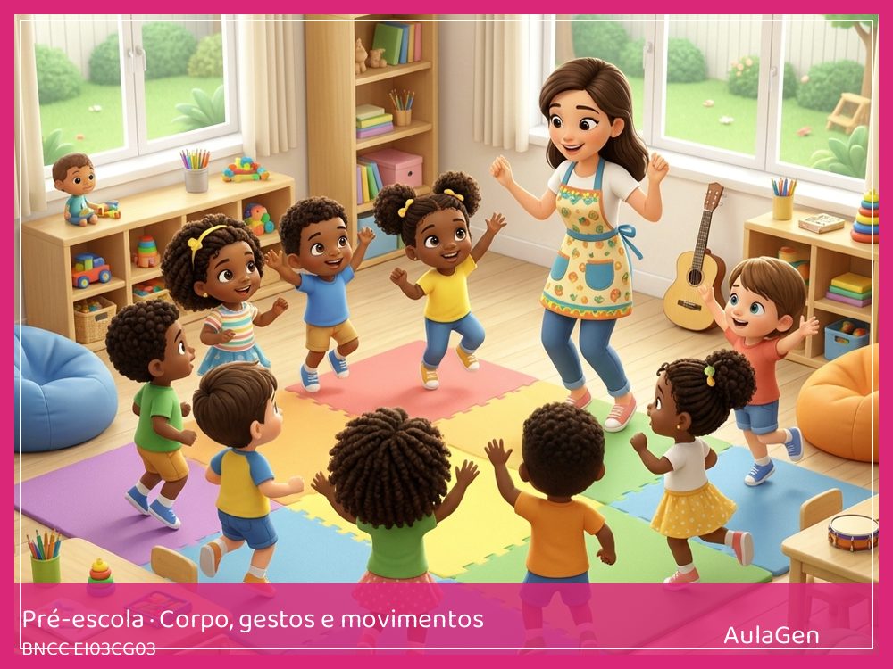 Plano de aula de Corpo, gestos e movimentos para Pré-escola — Coreografia dos animais do jardim (BNCC EI03CG03) | AulaGen