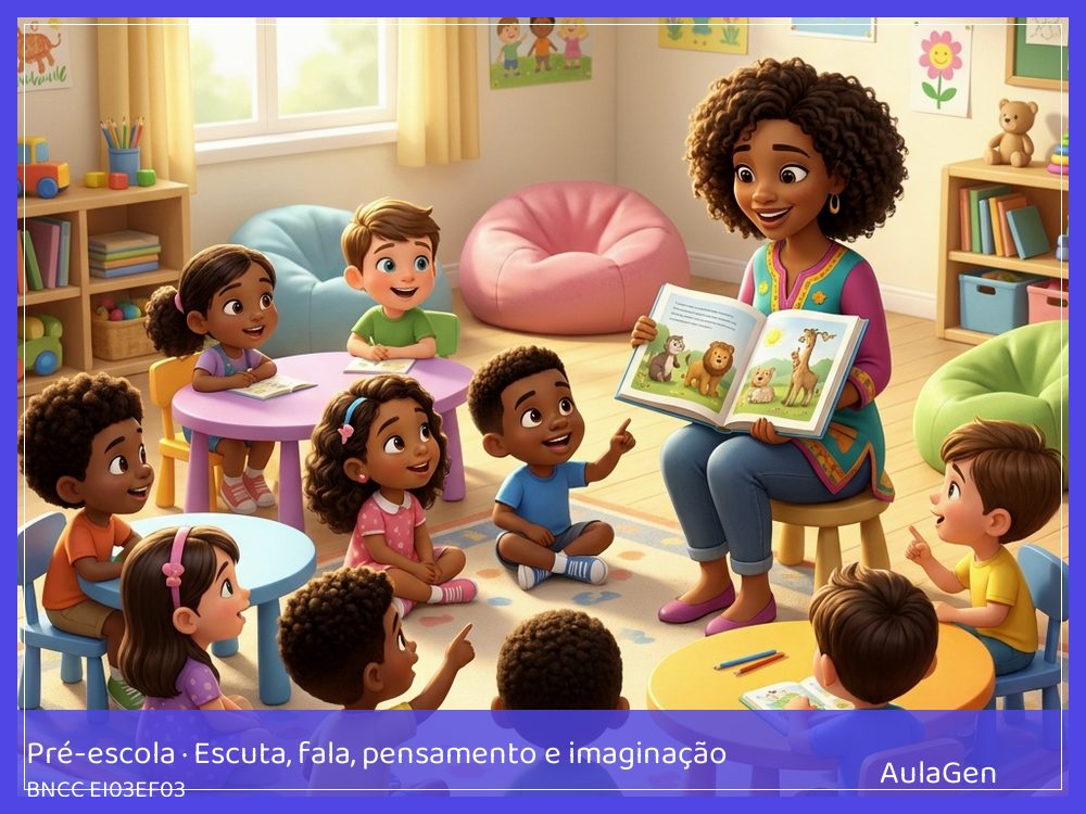 Plano de aula de Escuta, fala, pensamento e imaginação para Pré-escola — Caça aos livros preferidos (BNCC EI03EF03) | AulaGen