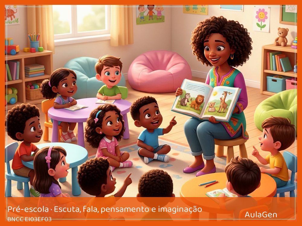Plano de aula de Escuta, fala, pensamento e imaginação para Pré-escola — Capa e pistas do livro (BNCC EI03EF03) | AulaGen