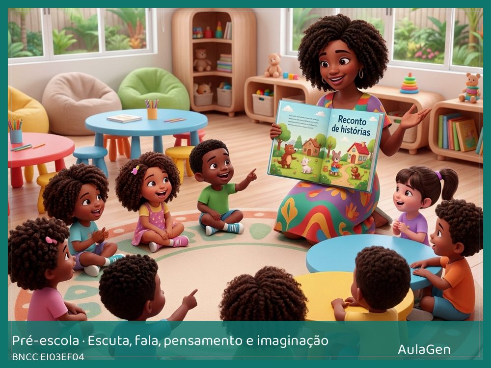 Plano de aula de Escuta, fala, pensamento e imaginação para Pré-escola — História em três cartões (BNCC EI03EF04) | AulaGen