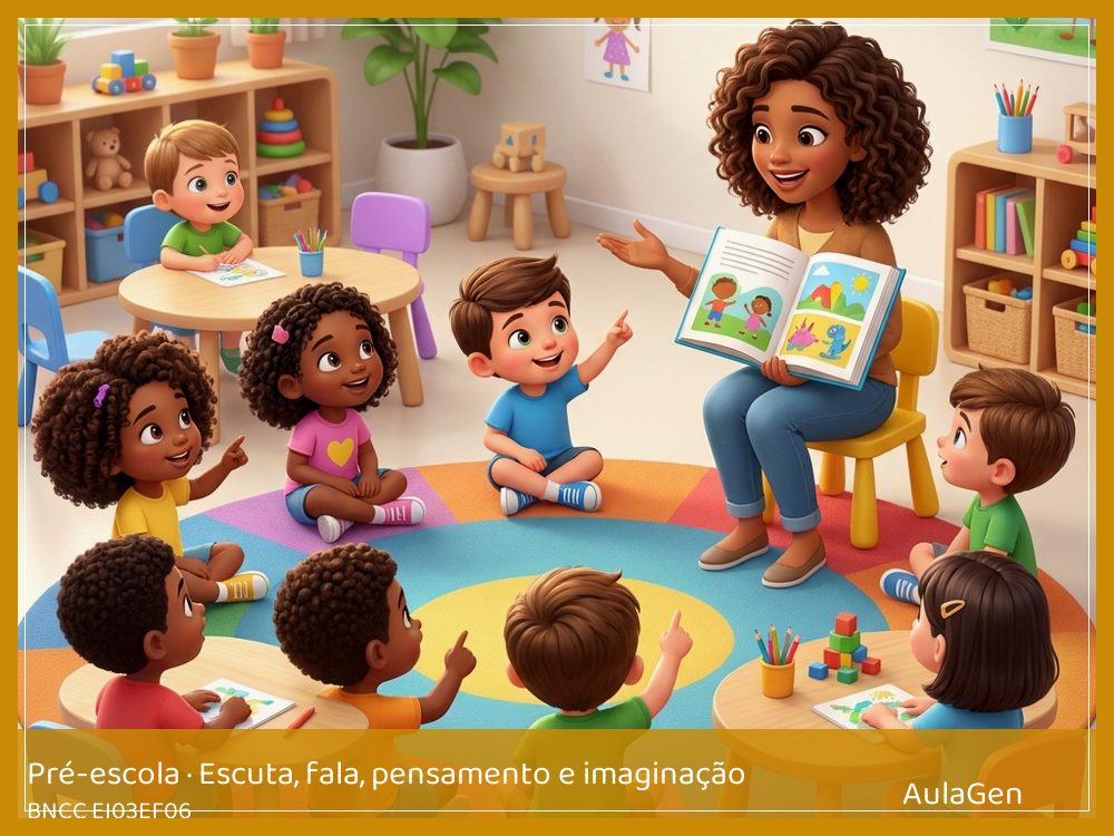 Plano de aula de Escuta, fala, pensamento e imaginação para Pré-escola — Invento final para a história (BNCC EI03EF06) | AulaGen