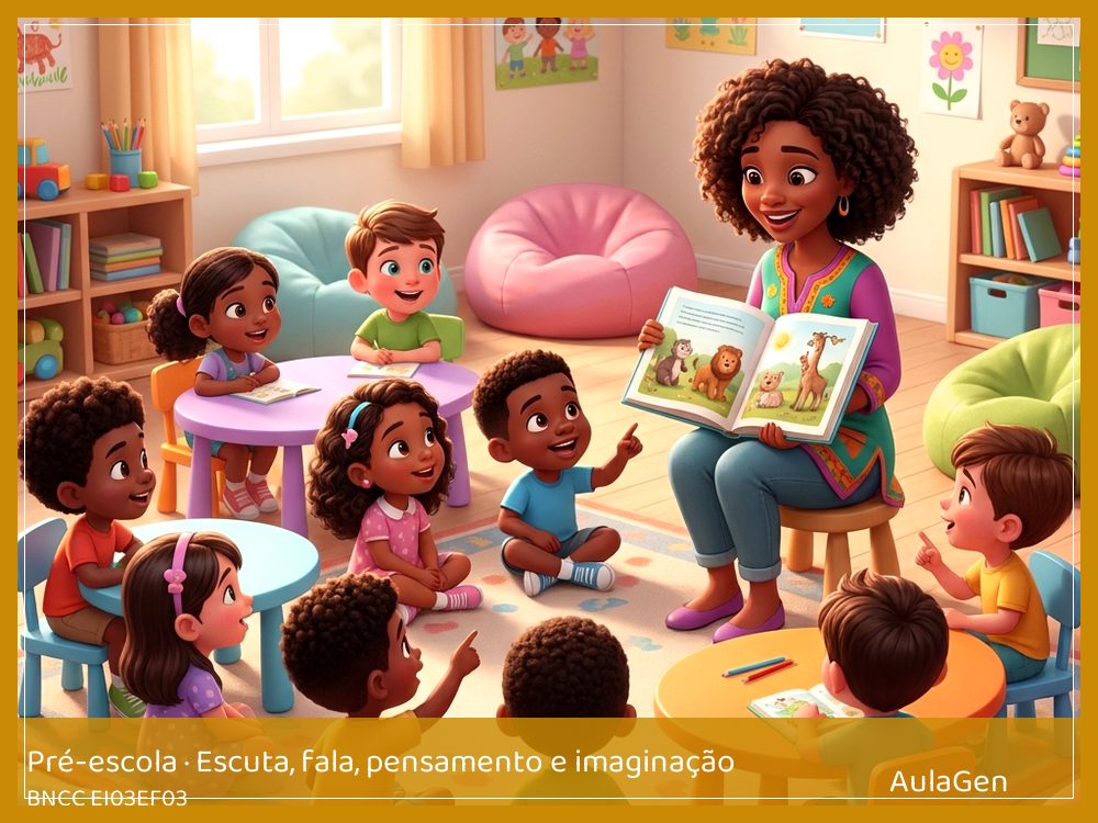 Plano de aula de Escuta, fala, pensamento e imaginação para Pré-escola — Leitores exploradores: capa, imagem, pistas (BNCC EI03EF03) | AulaGen