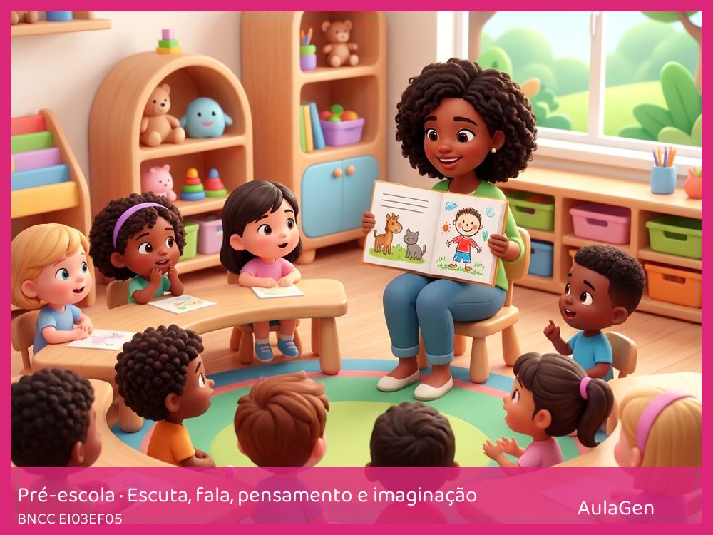 Plano de aula de Escuta, fala, pensamento e imaginação para Pré-escola — Minha primeira história da turma (BNCC EI03EF05) | AulaGen