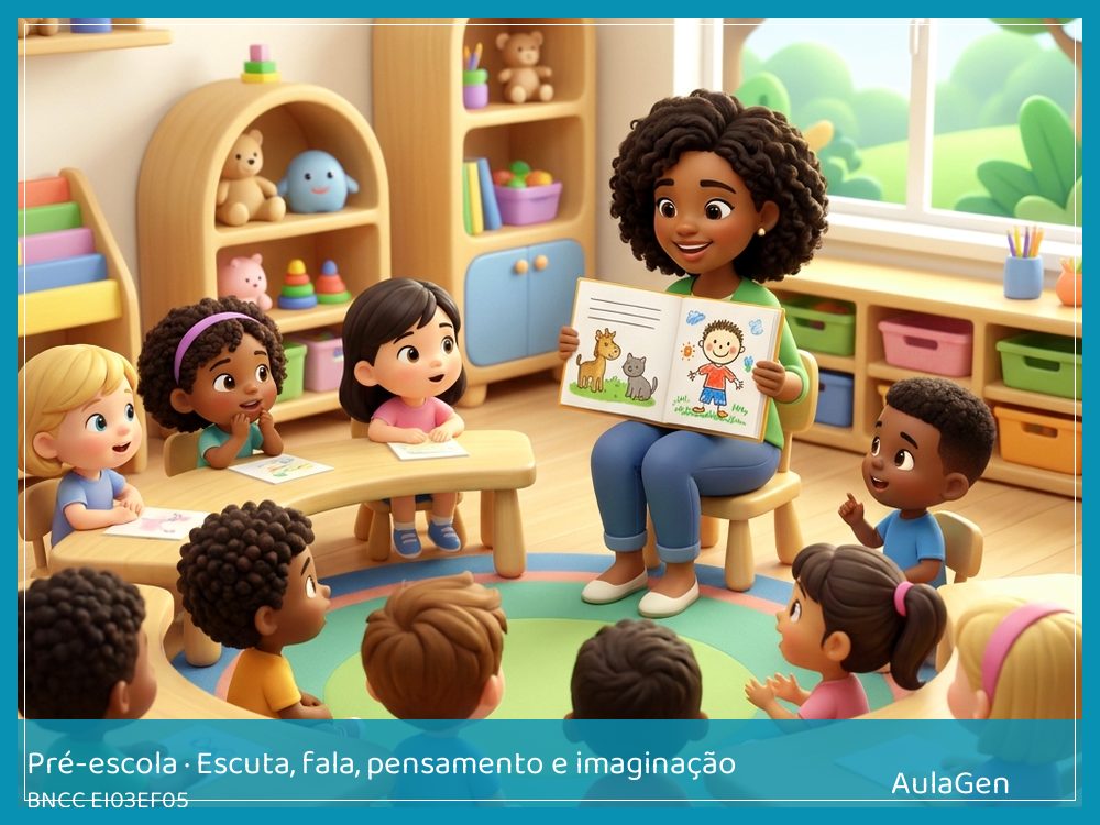 Plano de aula de Escuta, fala, pensamento e imaginação para Pré-escola — Nossa história no papel (BNCC EI03EF05) | AulaGen