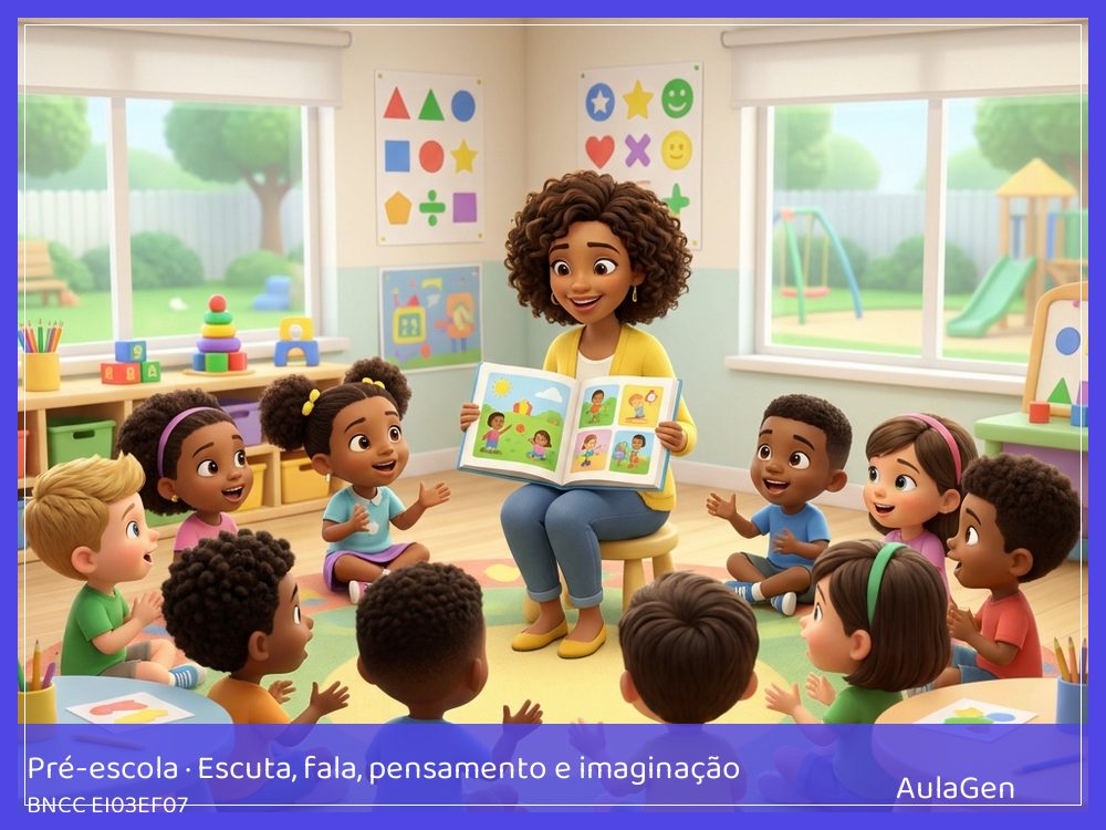 Plano de aula de Escuta, fala, pensamento e imaginação para Pré-escola — O que diz o cartaz? (BNCC EI03EF07) | AulaGen