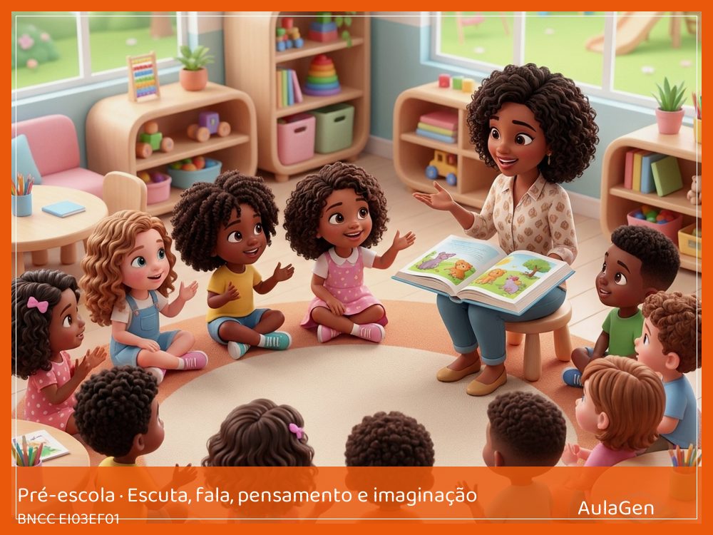Plano de aula de Escuta, fala, pensamento e imaginação para Pré-escola — Perguntas para descobrir (BNCC EI03EF01) | AulaGen