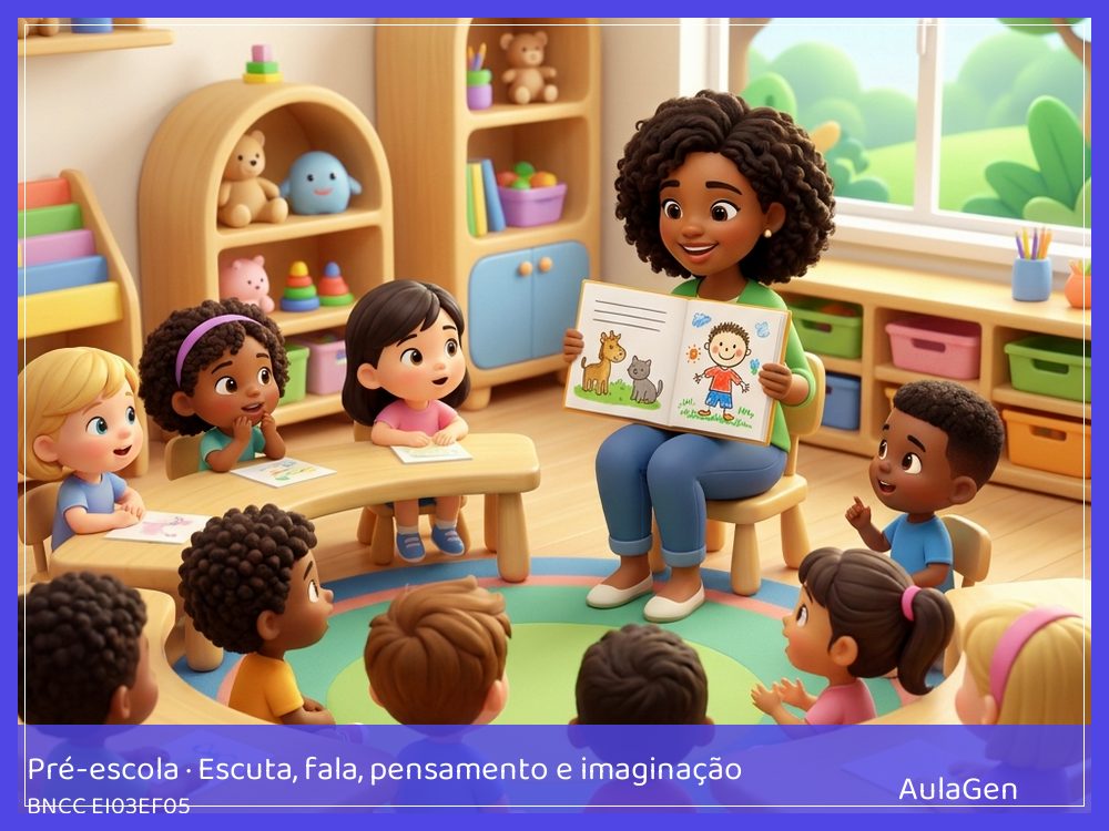 Plano de aula de Escuta, fala, pensamento e imaginação para Pré-escola — Professor escriba: uma aventura coletiva (BNCC EI03EF05) | AulaGen