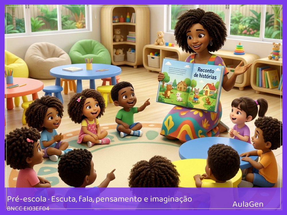 Plano de aula de Escuta, fala, pensamento e imaginação para Pré-escola — Reconto com objetos da história (BNCC EI03EF04) | AulaGen