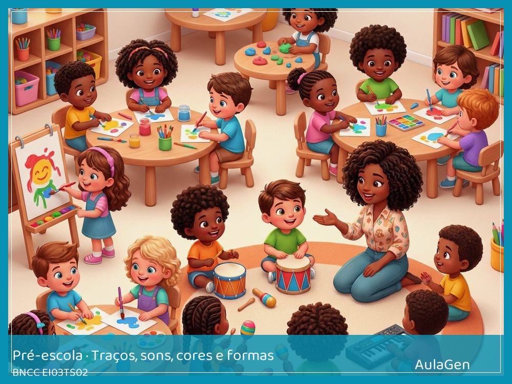 Plano de aula de Traços, sons, cores e formas para Pré-escola — Mosaico coletivo de texturas (BNCC EI03TS02) | AulaGen