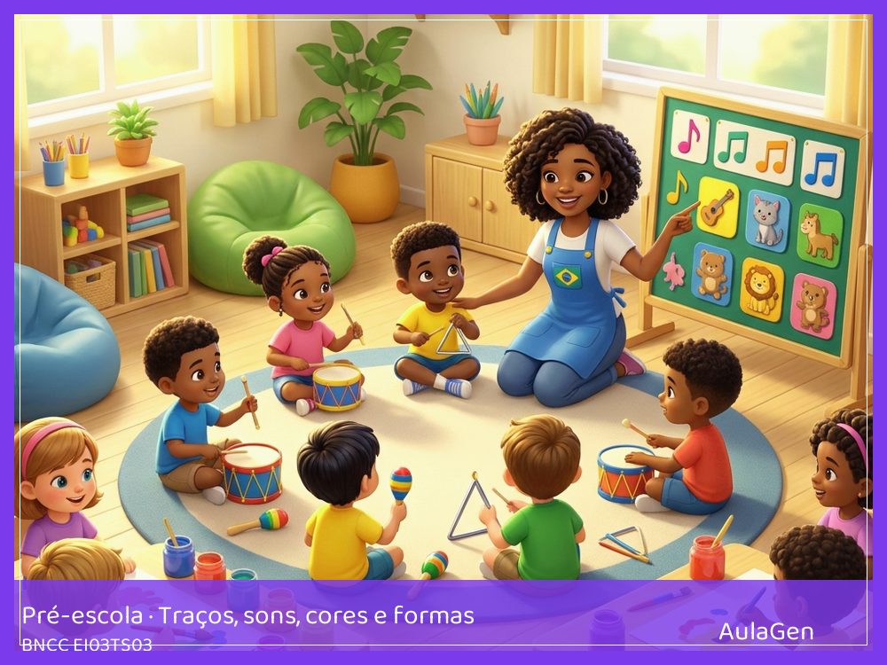 Plano de aula de Traços, sons, cores e formas para Pré-escola — Som longo, som curto no corpo (BNCC EI03TS03) | AulaGen