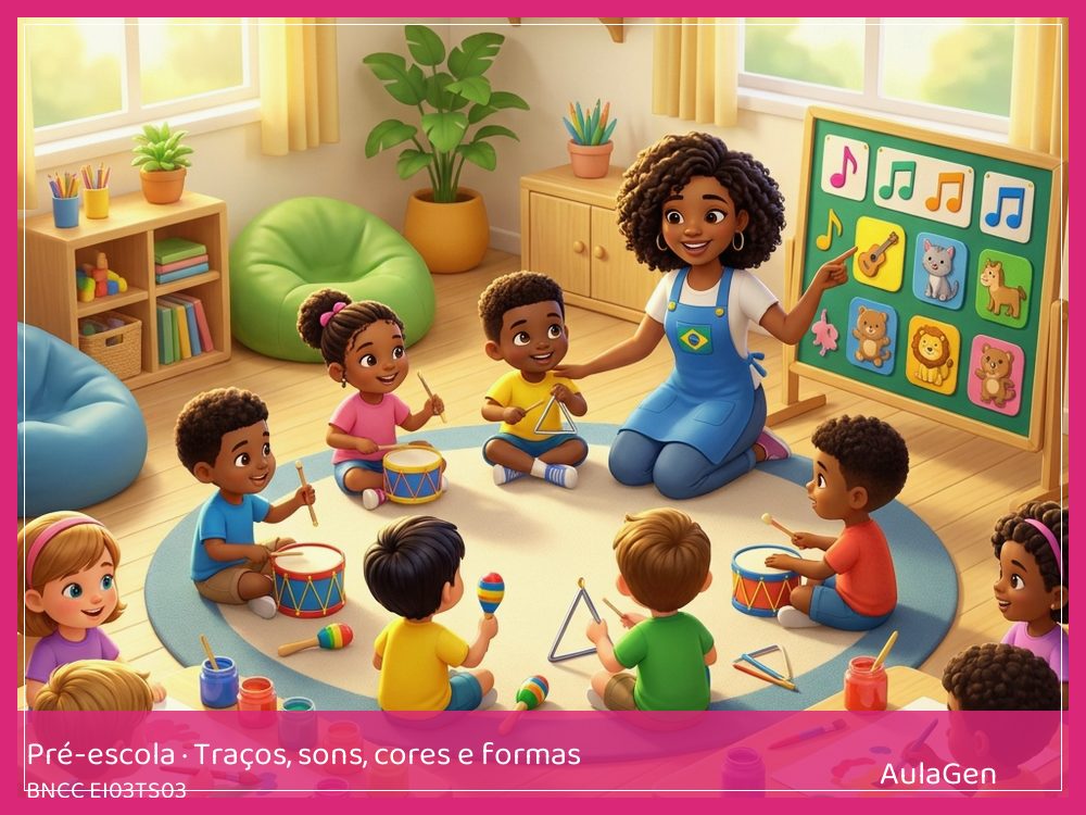 Plano de aula de Traços, sons, cores e formas para Pré-escola — Sons longos e curtos com fitas (BNCC EI03TS03) | AulaGen