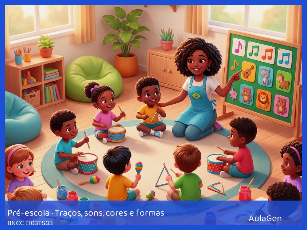 Plano de aula de Traços, sons, cores e formas para Pré-escola — Sons longos e curtos da chuva (BNCC EI03TS03) | AulaGen