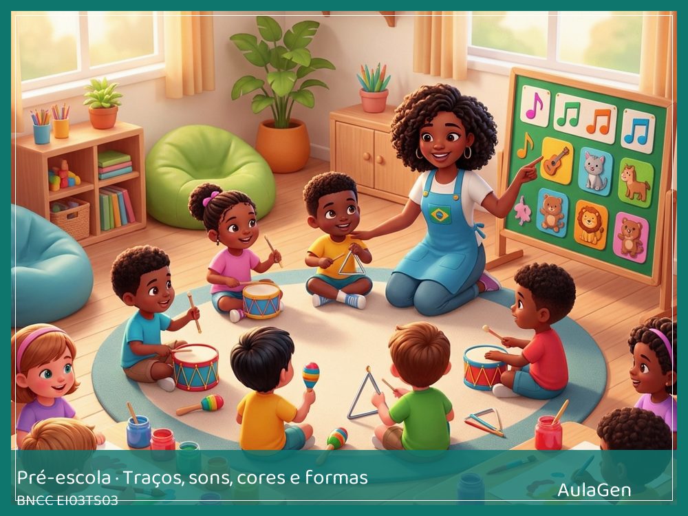 Plano de aula de Traços, sons, cores e formas para Pré-escola — Sons que cabem na sala (BNCC EI03TS03) | AulaGen