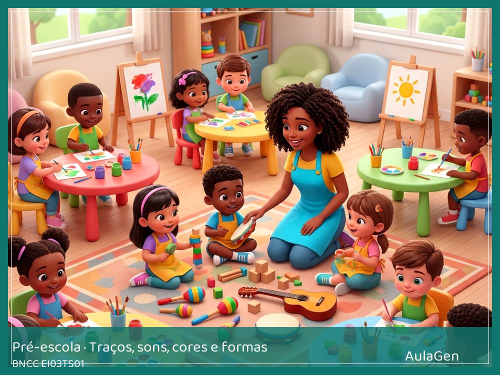 Plano de aula de Traços, sons, cores e formas para Pré-escola — Sons que moram na escola (BNCC EI03TS01) | AulaGen