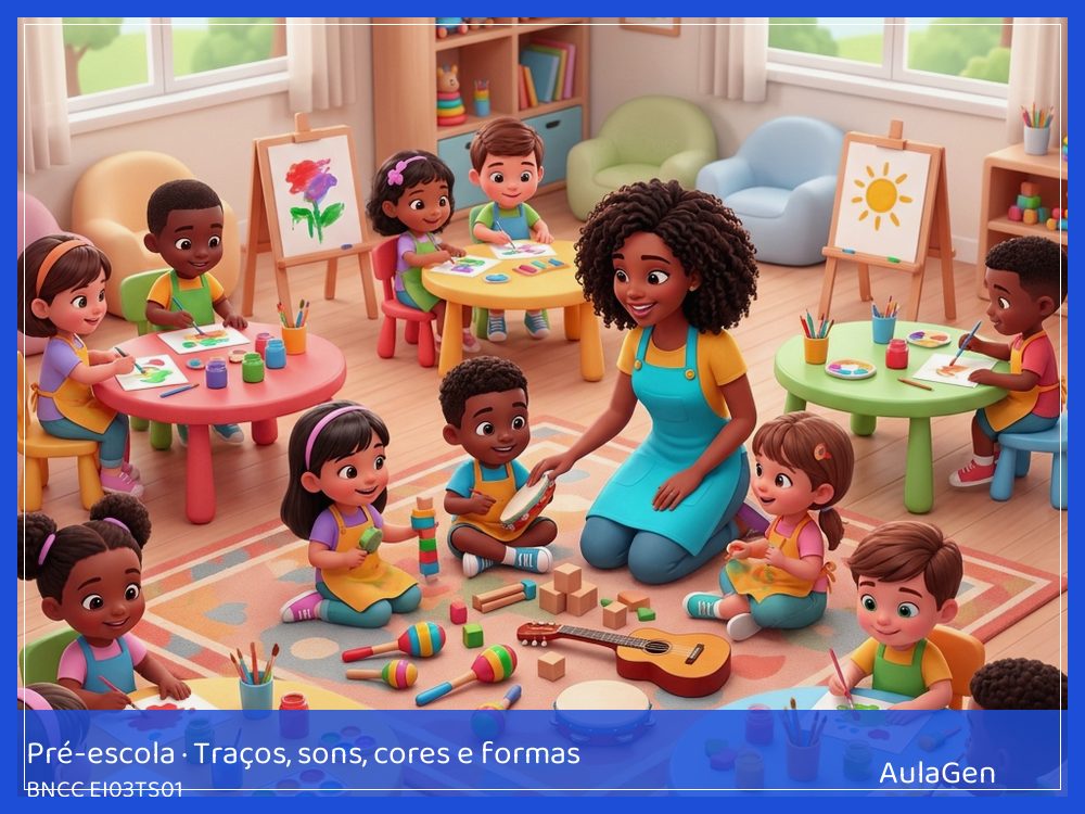 Plano de aula de Traços, sons, cores e formas para Pré-escola — Trilha sonora da história (BNCC EI03TS01) | AulaGen